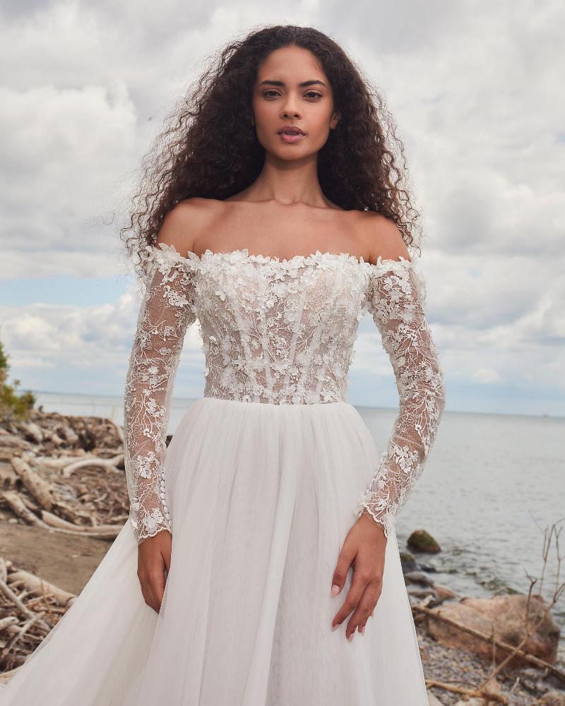 La24115 off the shoulder long sleeve wedding dress with lace and tulle2